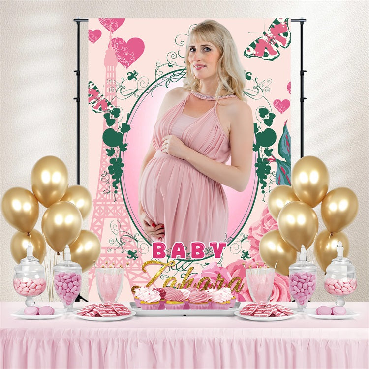 Baby Shower Backdrop Girl Butterfly Eiffel Tower Floral Custom Backdrop UK LXX4-189