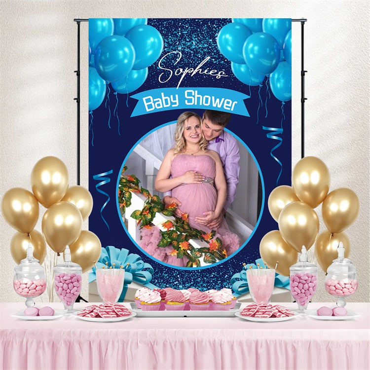 Baby Shower Backdrops Blue Gift Balloon Personalised Backdrop UK LXX4-196