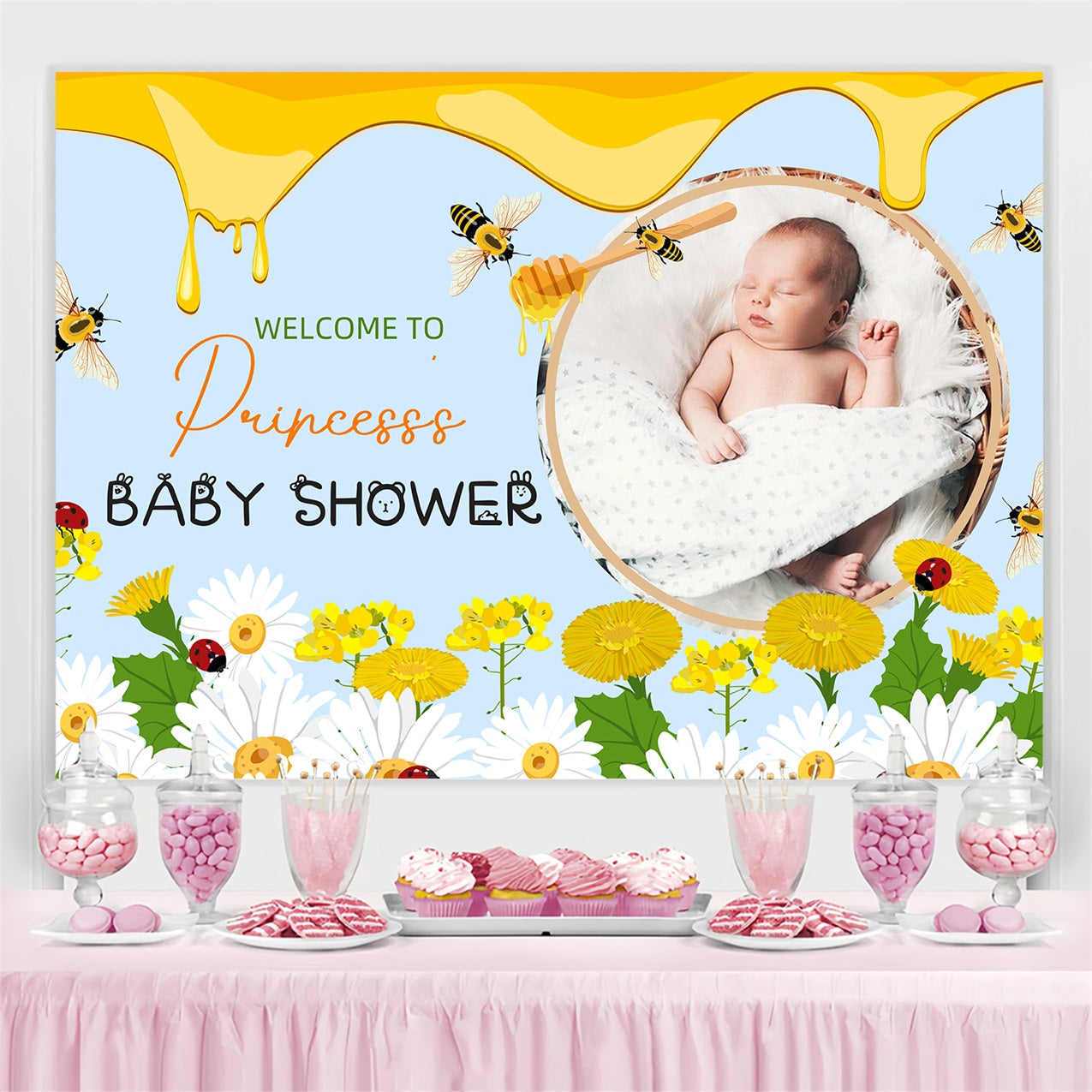 Backdrop For Baby Girl Shower Bee And Bloom Welcome Customized Backdrop UK LXX4-200