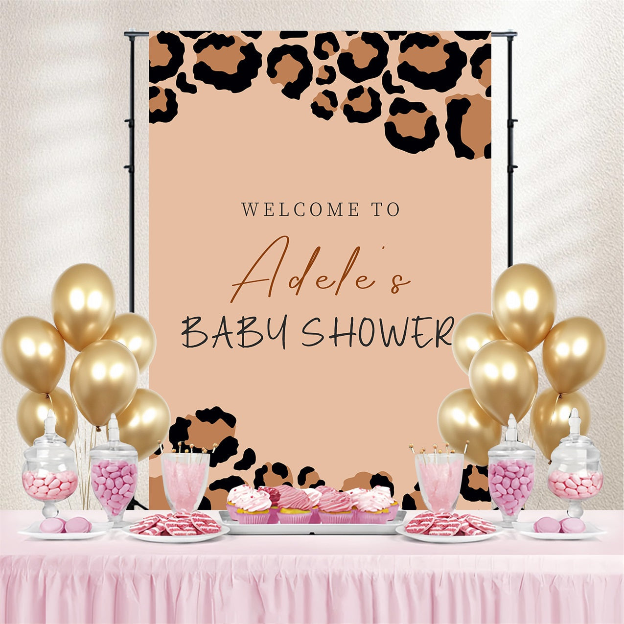 Baby Shower Backdrop Tan Leopard Welcome Personalised Backdrop UK LXX4-214
