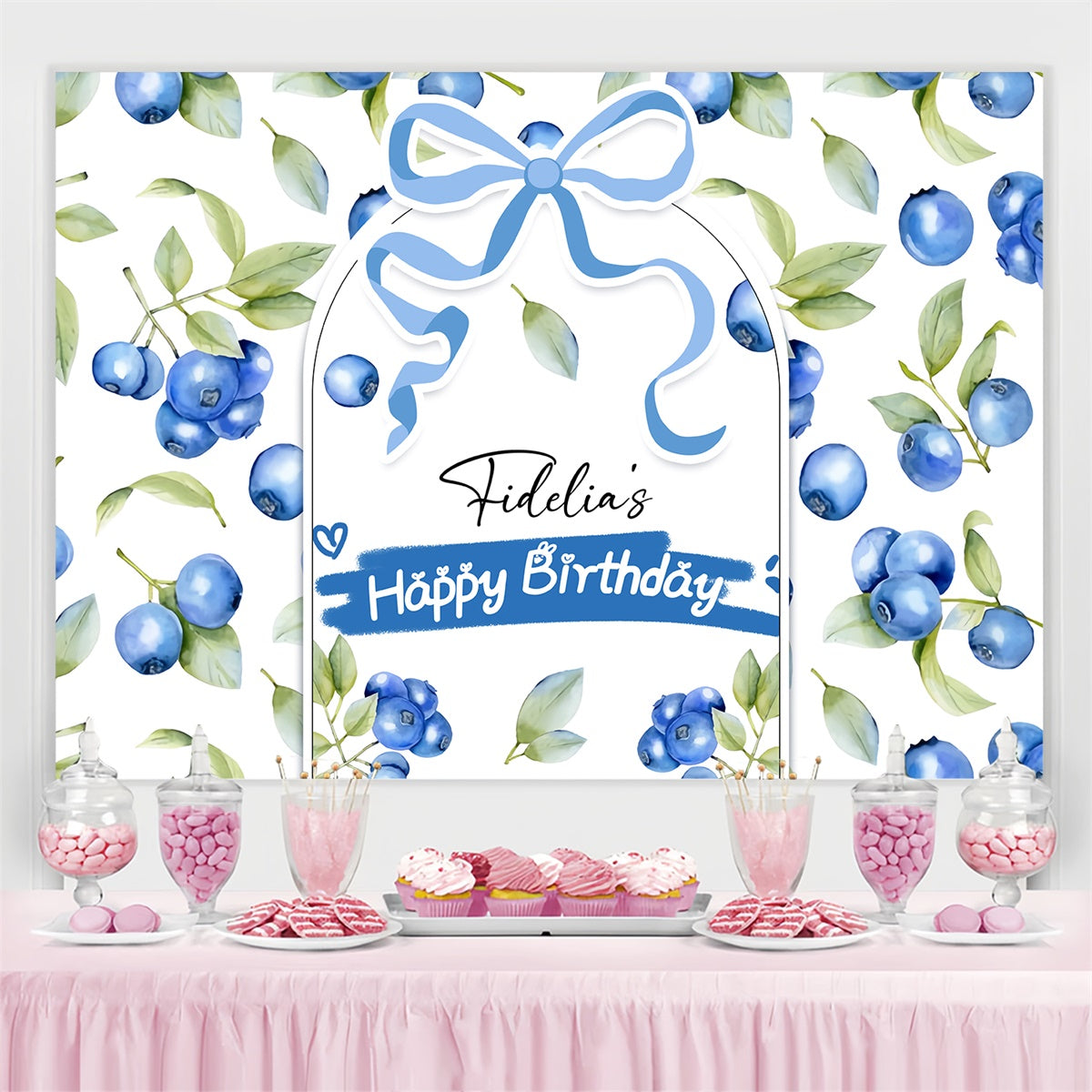 Customized Birthday Backdrop Blueberry Leaves Watercolor Backdrop UK LXX4-33