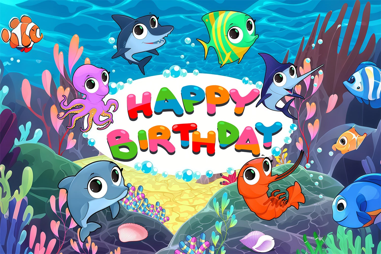 Customized Backdrop For Birthday Cute Marine Creatures Backdrop UK LXX4-35