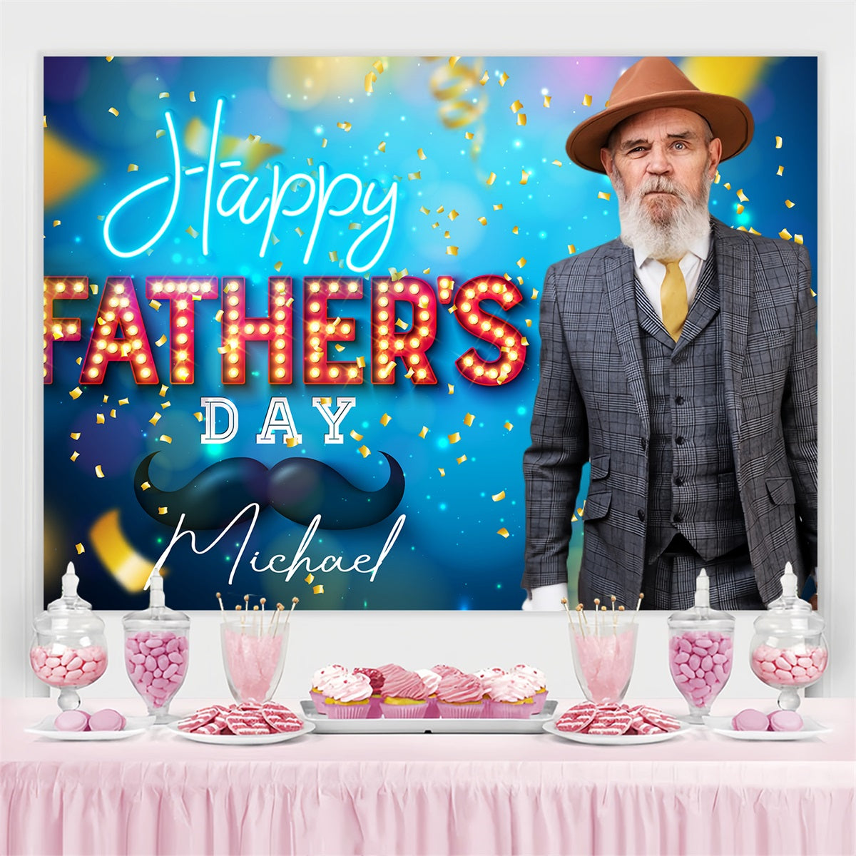 Happy Fathers Day Backdrop Neon Light Confetti Personalised Backdrop UK LXX4-64