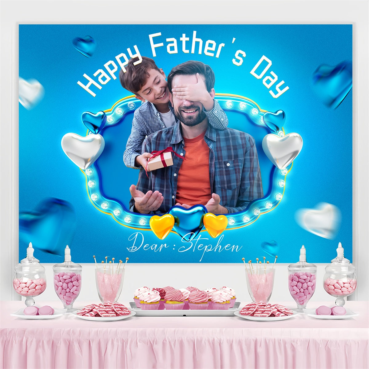 Backdrop Father's Day Blue Hearts Personalised Backdrop UK LXX4-75
