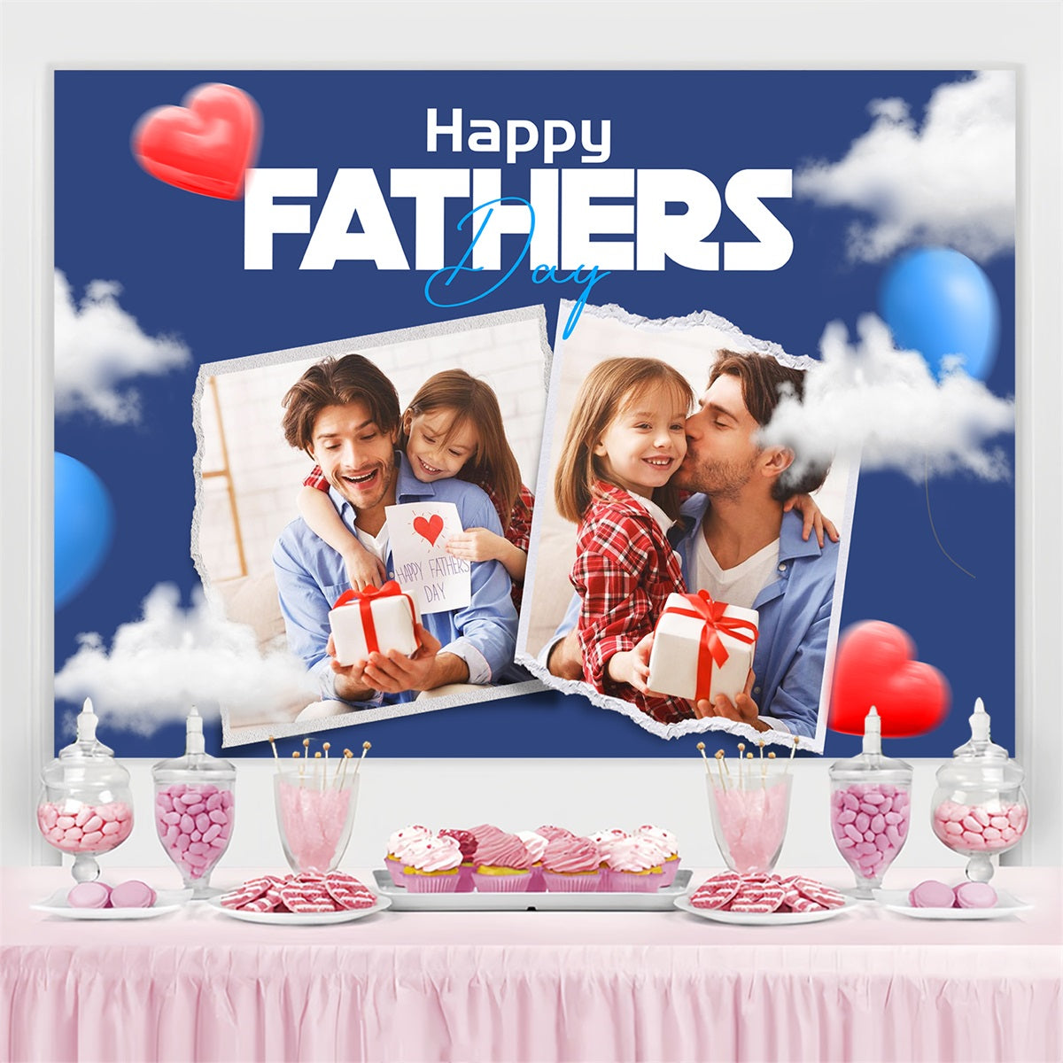 Fathers Day Photo Backdrop Cloudy Hearts Balloons Personalised Backdrop UK LXX4-83