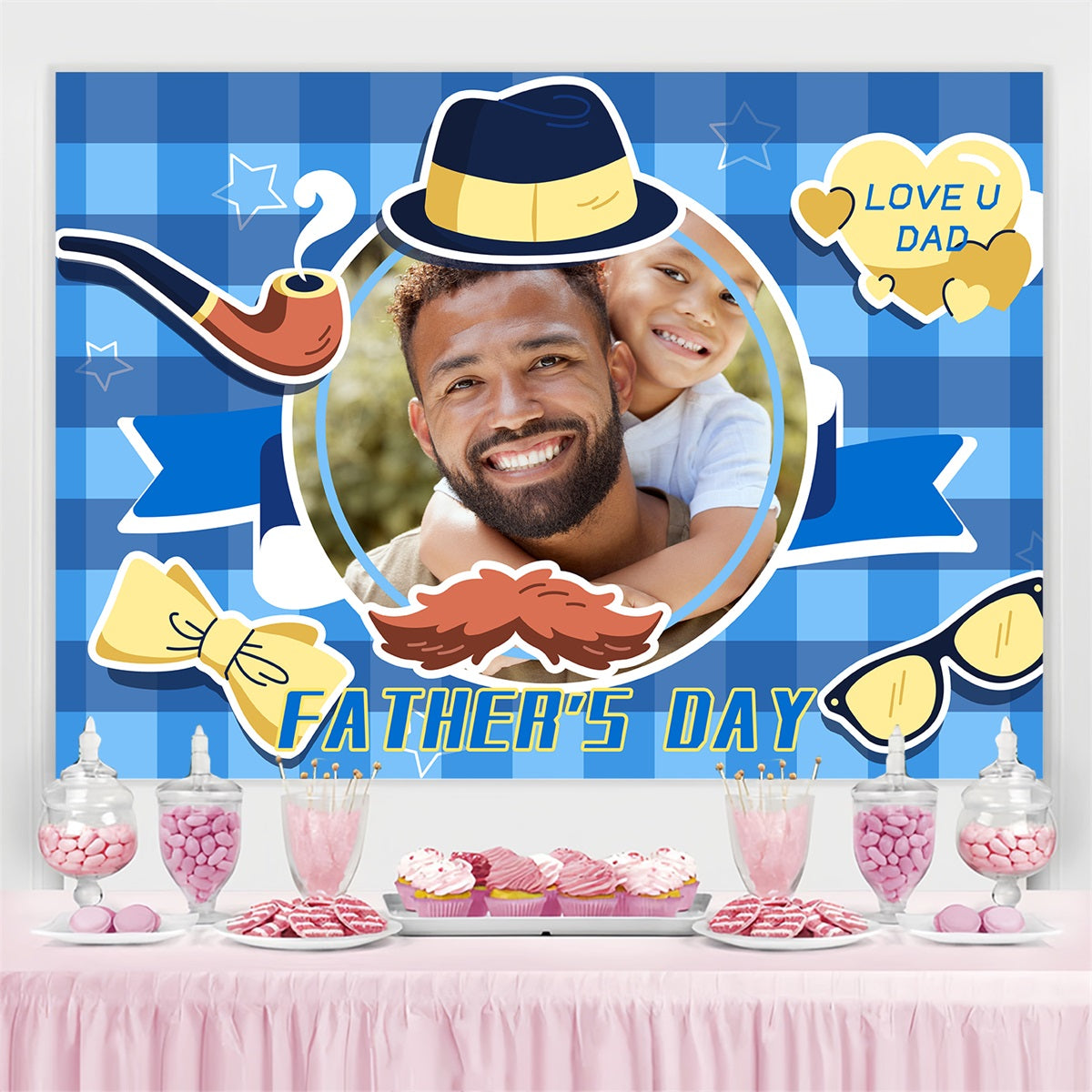 Father's Day Photo Backdrop Ideas Blue Plaid Hat Personalised Backdrop UK LXX4-86