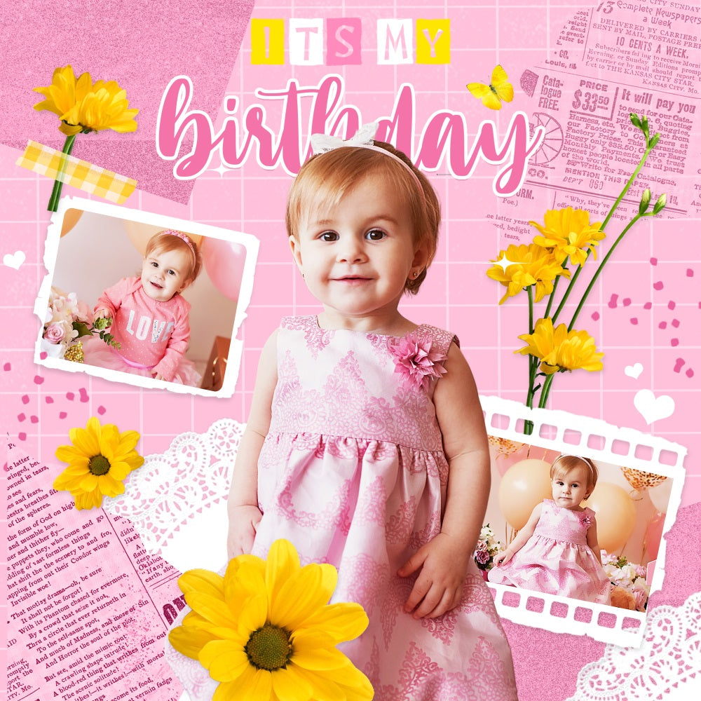 Backdrop For Birthday Pink Scrapbook Flower Personalized Backdrop UK LXX5-104