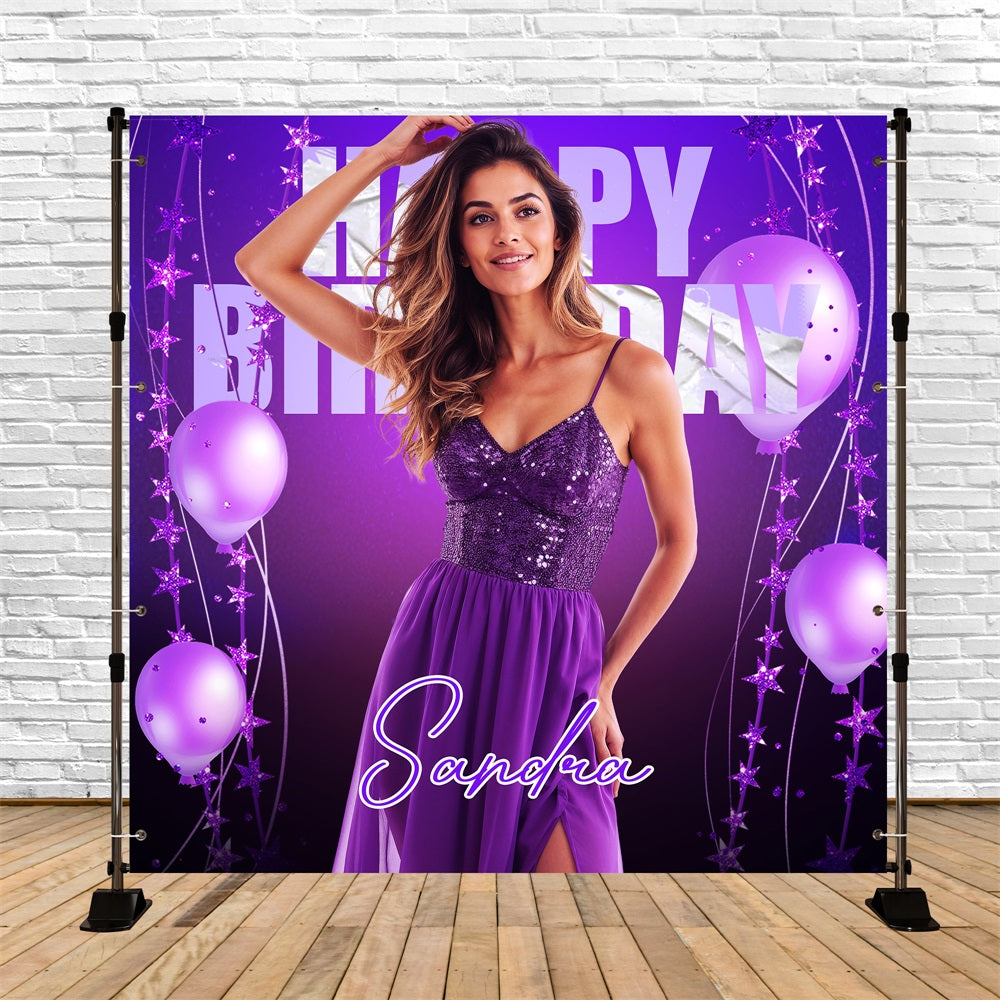 Purple Birthday Backdrop Balloon Stars Personalised Backdrop UK LXX5-144