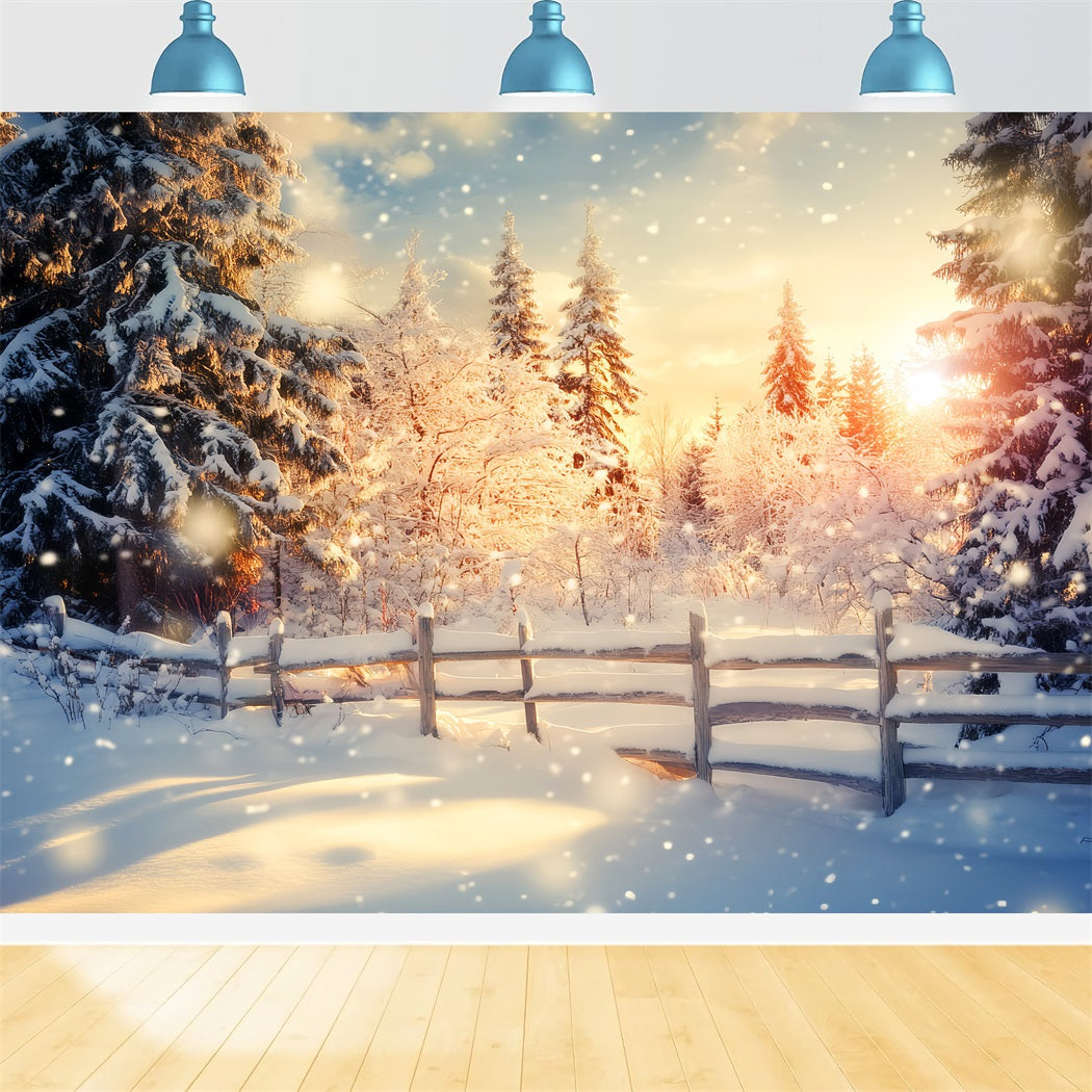 Winter Wonderland Backdrop Golden Sunrise Snow Forest Winter Backdrop UK LXX510-100