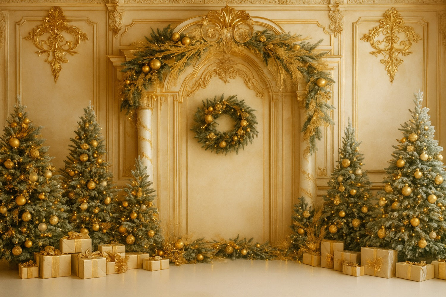 Christmas Vintage Wall Backdrop Golden Retro Wall Elegance Victorian Backdrops UK LXX510-109