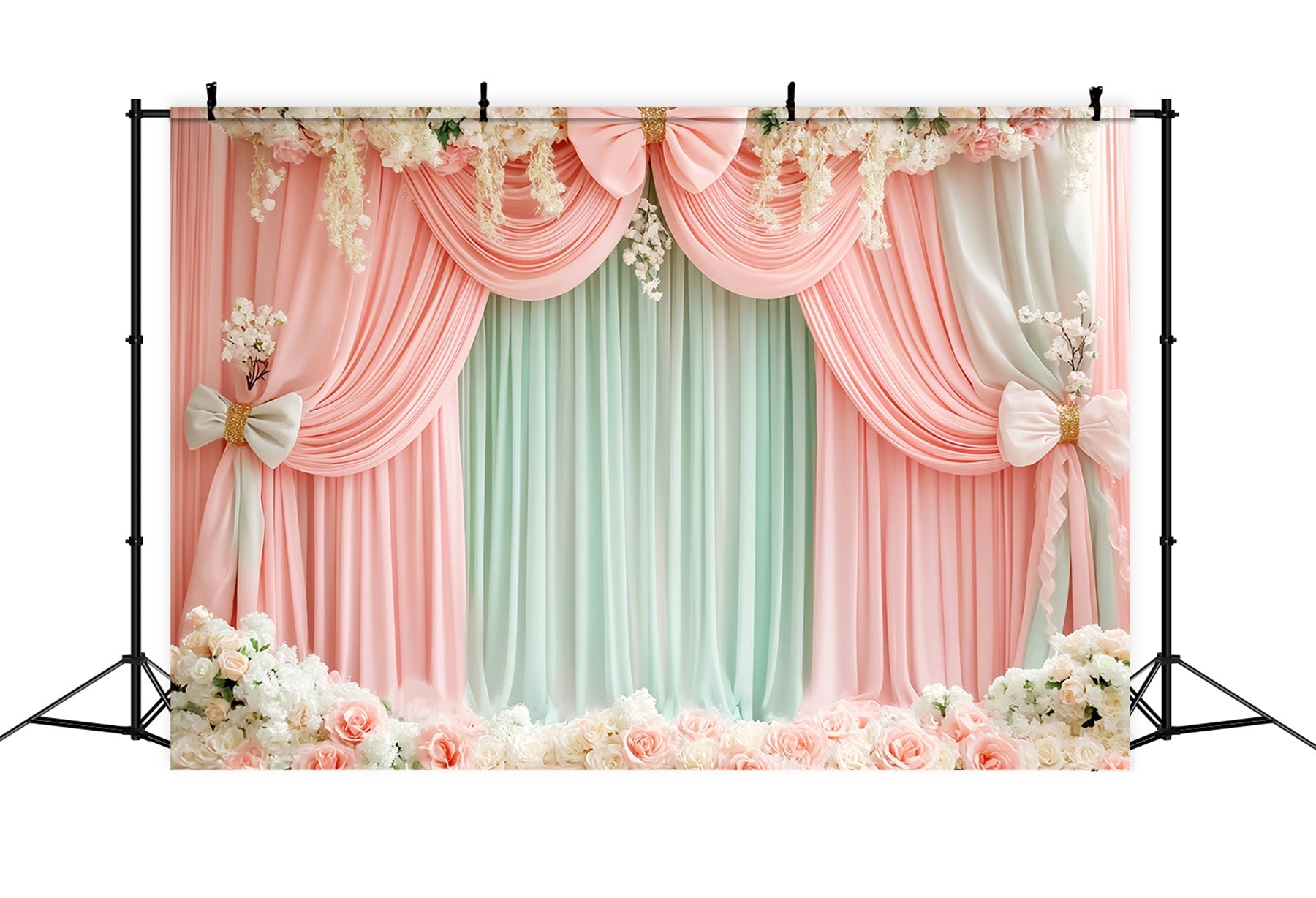 Pink Bow Backdrop Blush Mint Floral Drapery Victorian Backdrop UK LXX510-112