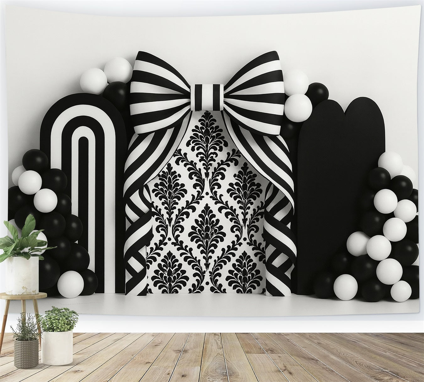 Black Bow Backdrop Monochrome Stripe Balloon Arch Victorian Backdrop UK LXX510-115