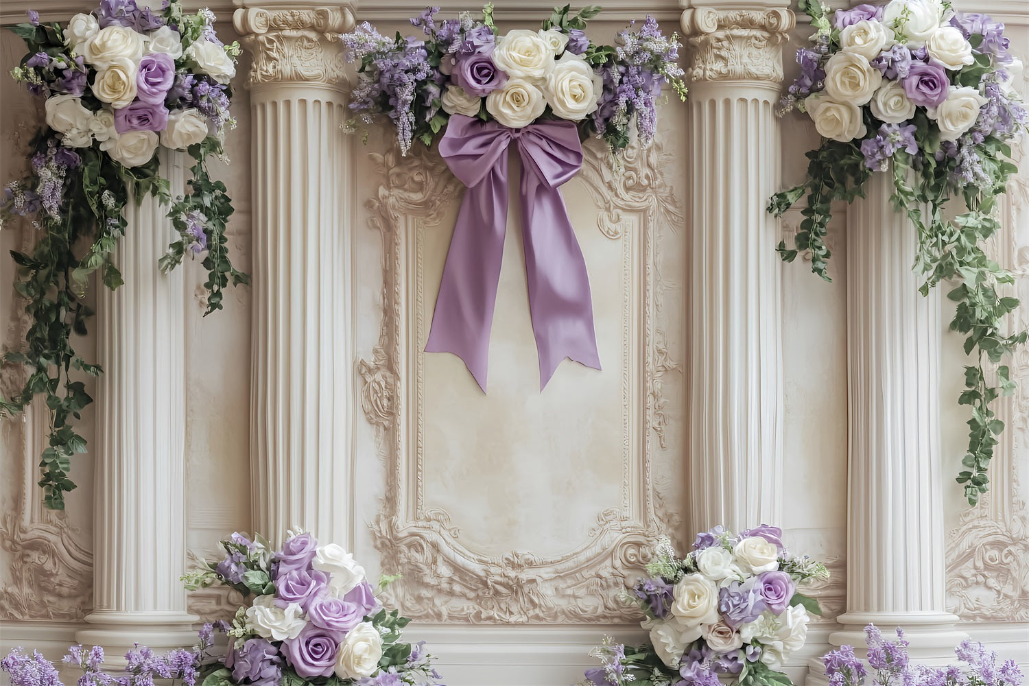 Large Bow Backdrop Lavender Ivory Floral Columns Victorian Backdrop UK LXX510-119