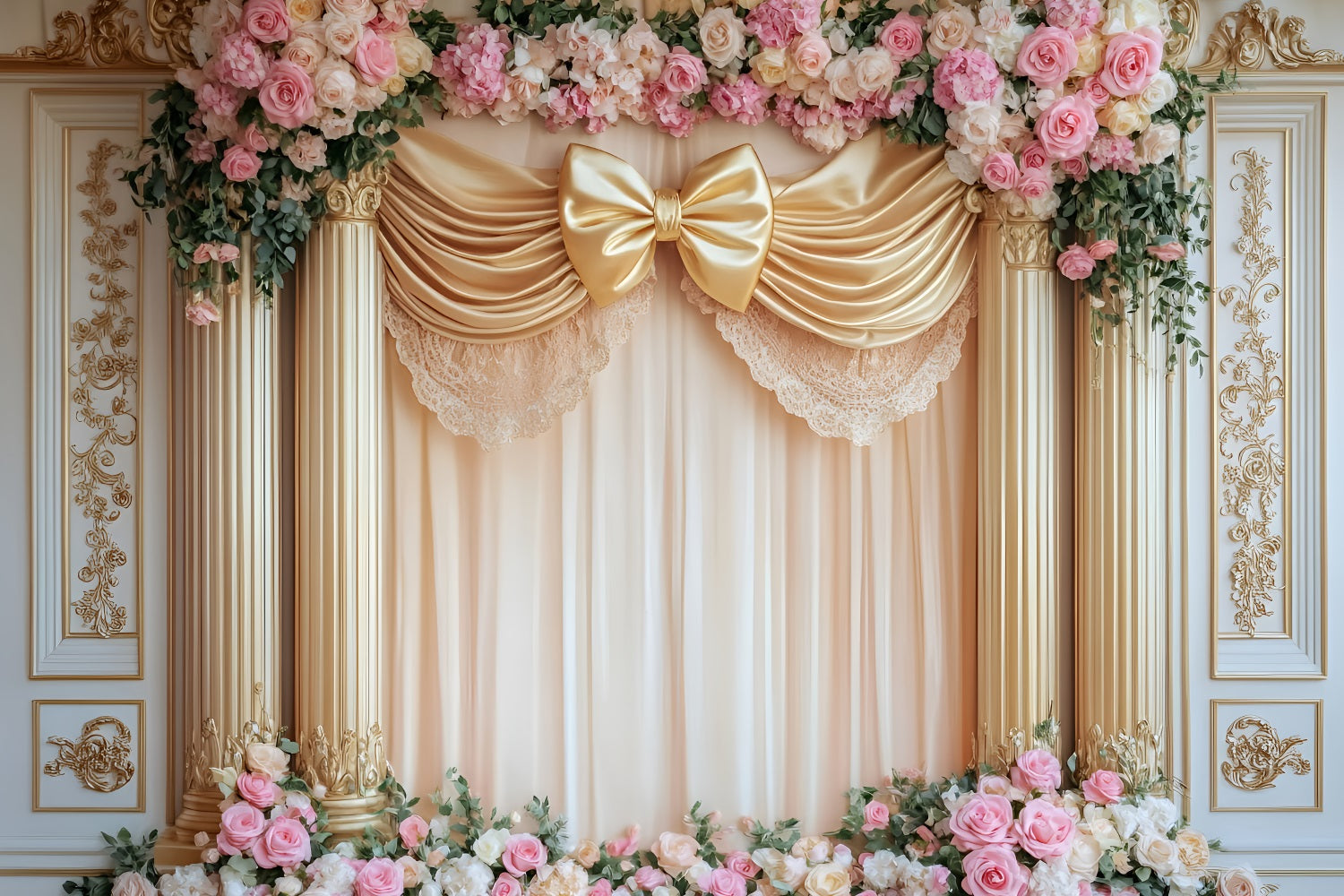Large Bow Backdrop Golden Bow Rose Columns Victorian Photo Backdrop UK LXX510-120