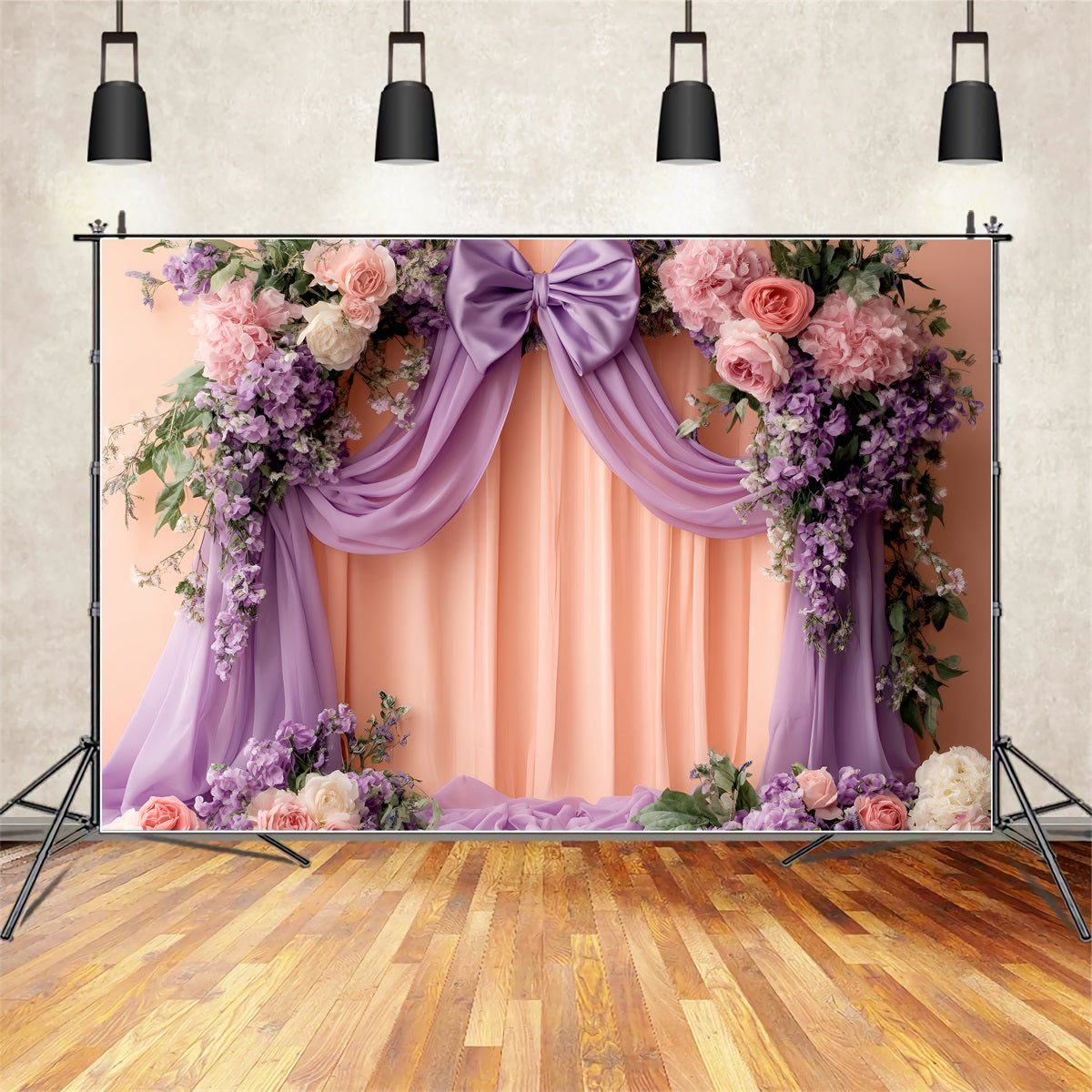 Large Bow Backdrop Lilac Peach Floral Drapery Victorian Backdrops UK LXX510-121