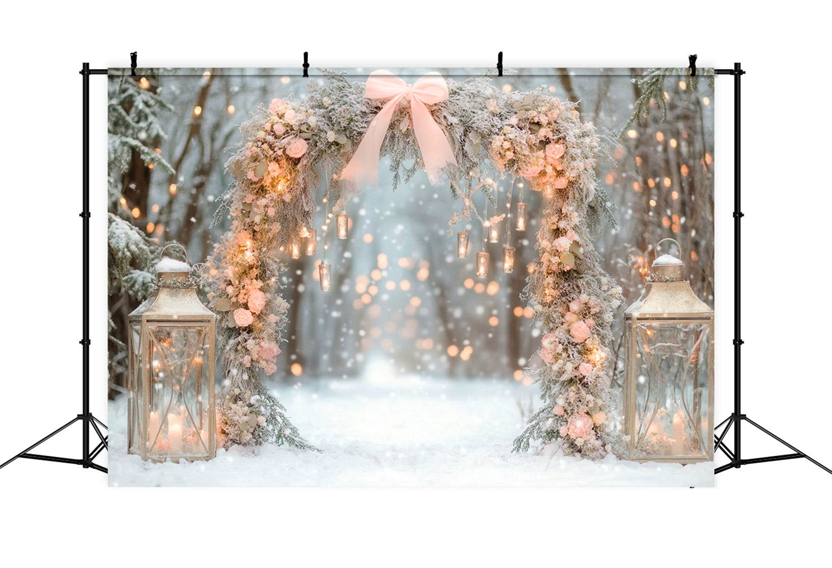 Pink Bow Backdrop Snowy Floral Lantern Arch Winter Backdrop UK LXX510-137