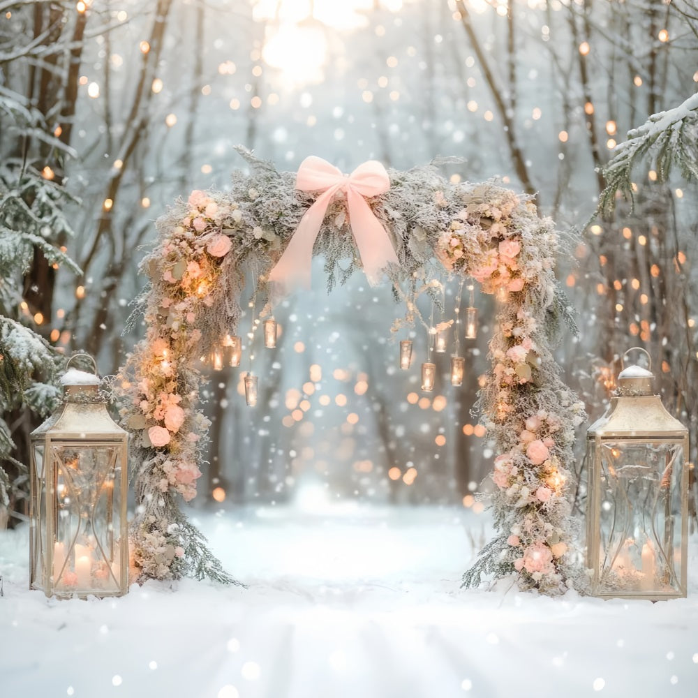 Pink Bow Backdrop Snowy Floral Lantern Arch Winter Backdrop UK LXX510-137