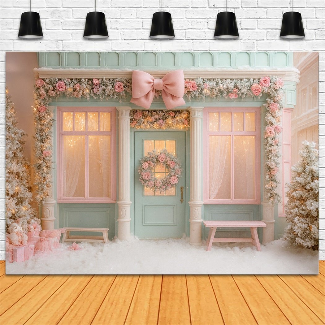 Pink Bow Backdrop Pastel Winter Boutique Doorway Christmas Photo Backdrop UK LXX510-138