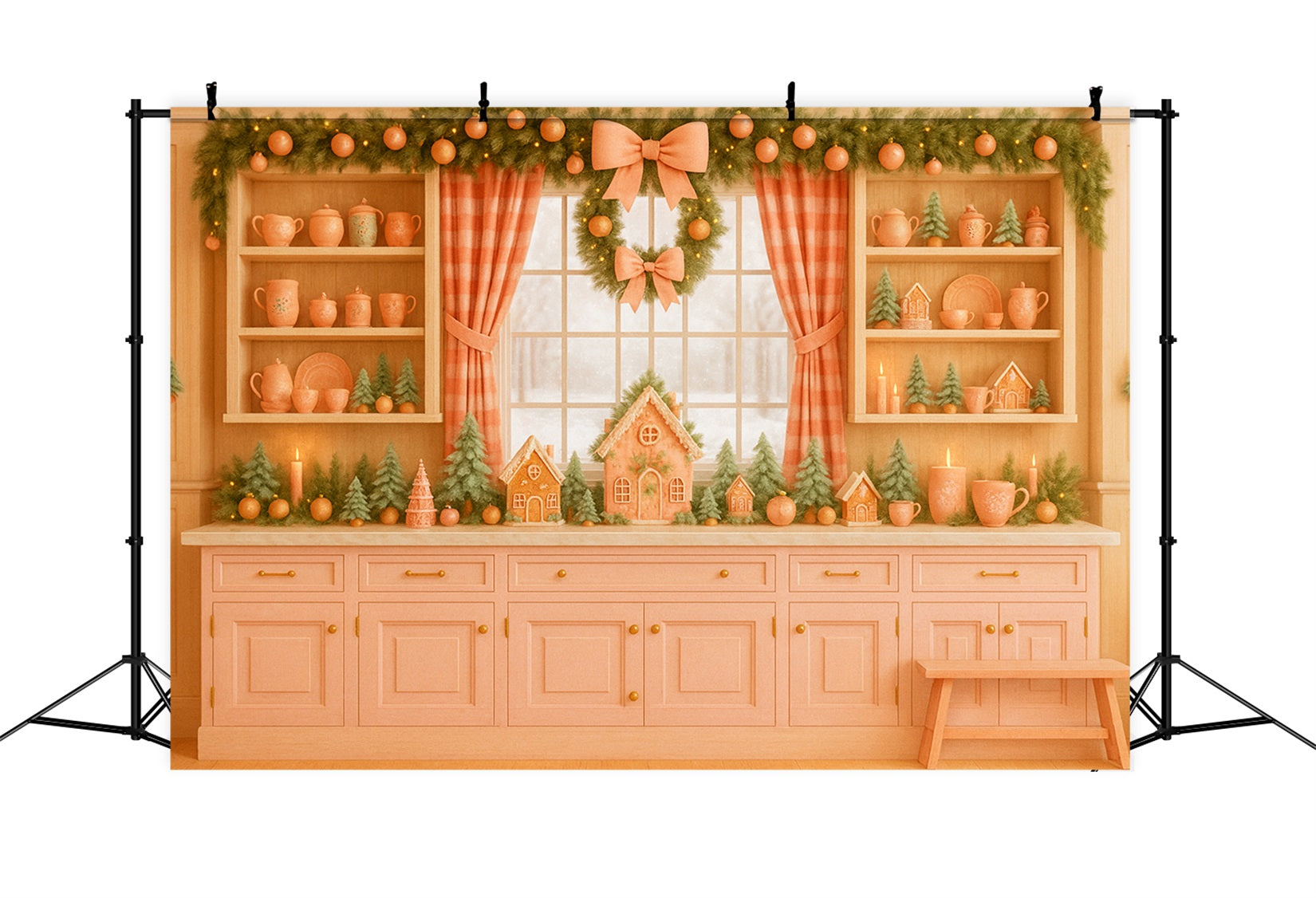 Pink Bow Backdrop Gingerbread Kitchen Holiday Charm Christmas Backdrop UK LXX510-139