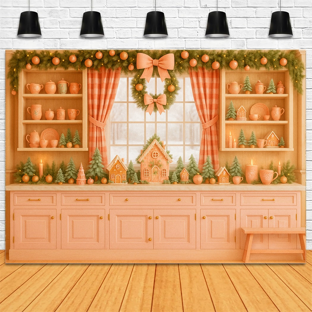 Pink Bow Backdrop Gingerbread Kitchen Holiday Charm Christmas Backdrop UK LXX510-139