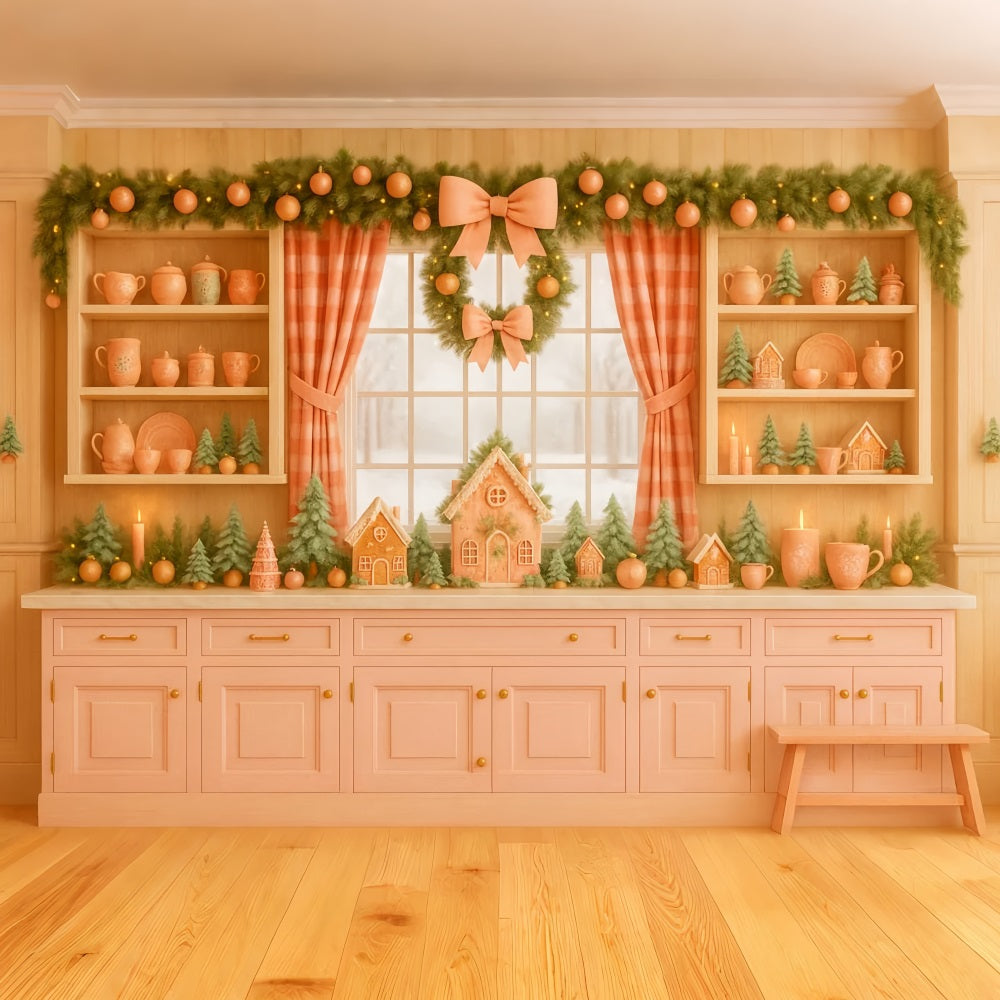 Pink Bow Backdrop Gingerbread Kitchen Holiday Charm Christmas Backdrop UK LXX510-139