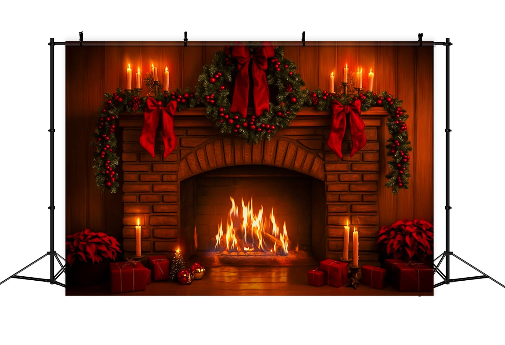 Pink Bow Backdrop Red Garland Fireplace Glow Christmas Photo Backdrop UK LXX510-140