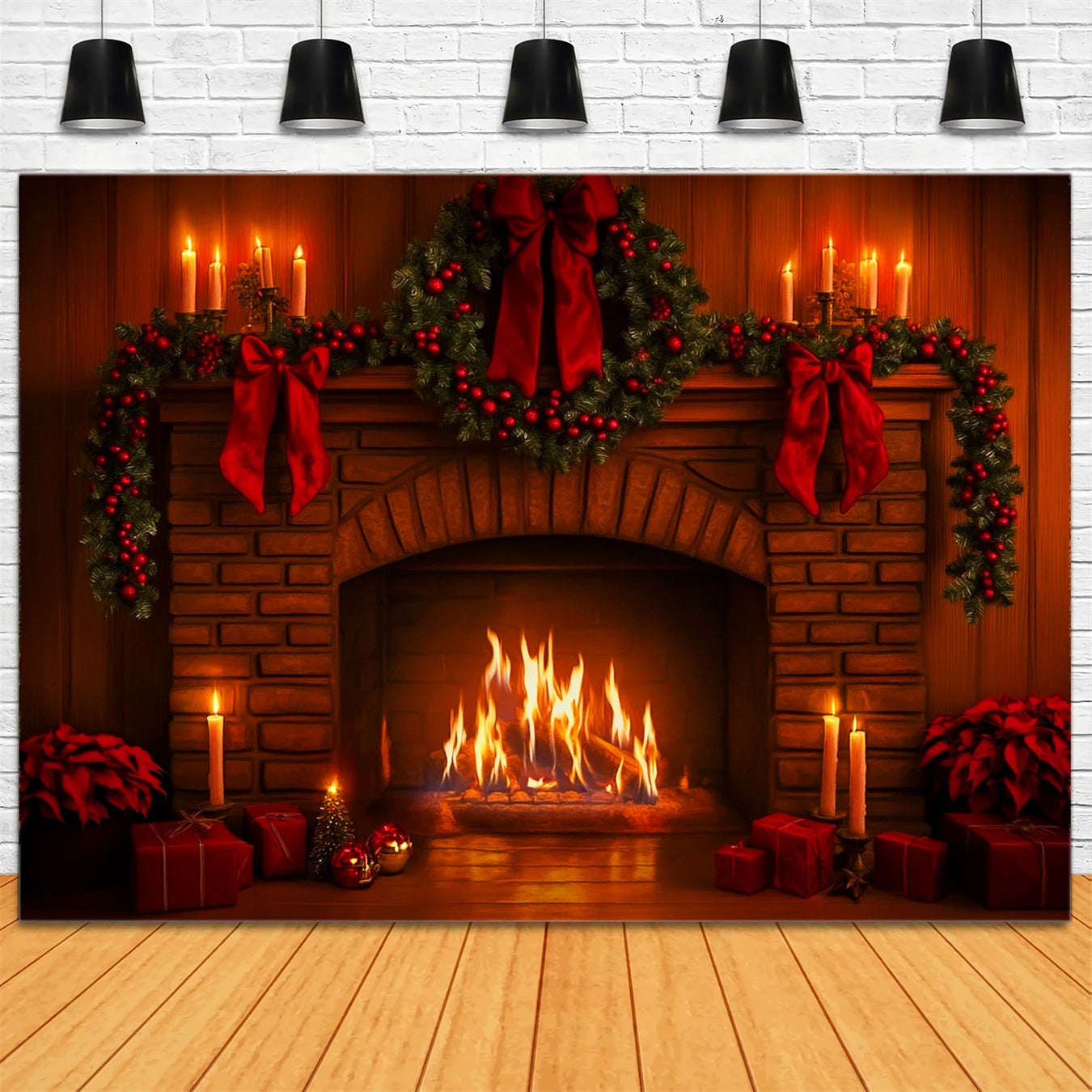 Pink Bow Backdrop Red Garland Fireplace Glow Christmas Photo Backdrop UK LXX510-140