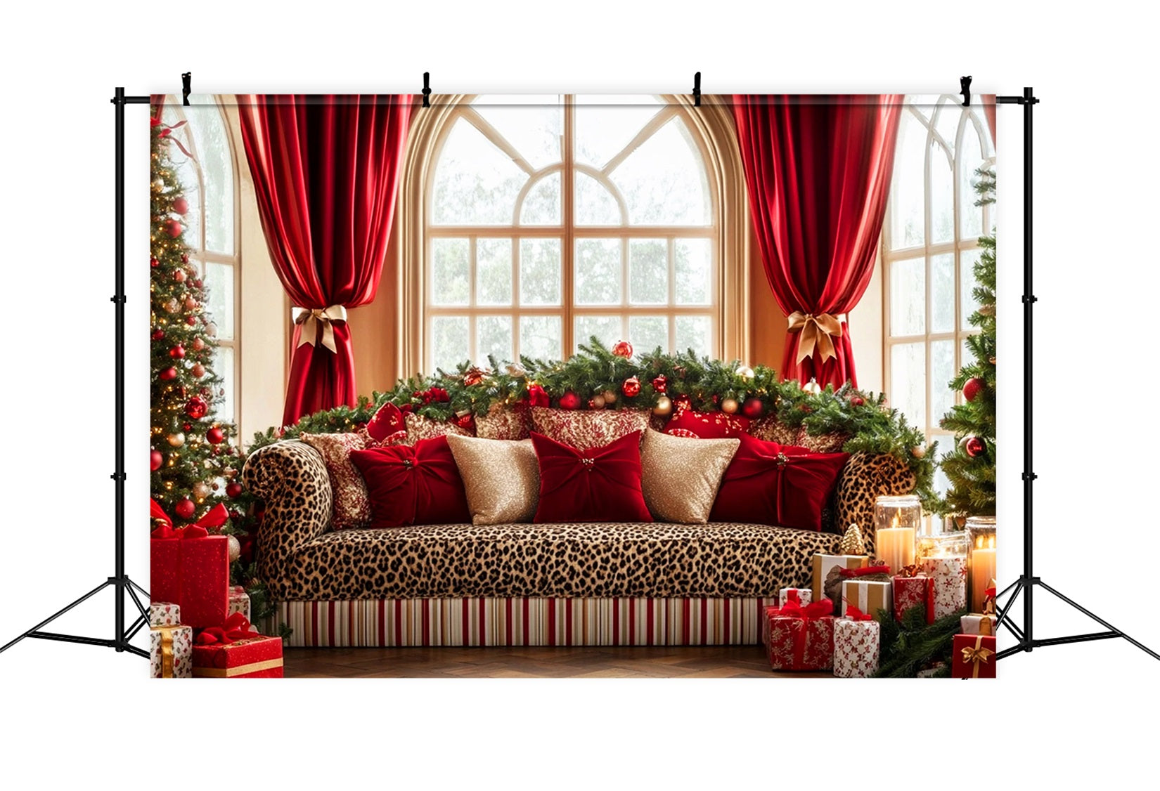 Big Bow Backdrop Leopard Sofa Holiday Elegance Christmas Backdrop UK LXX510-141