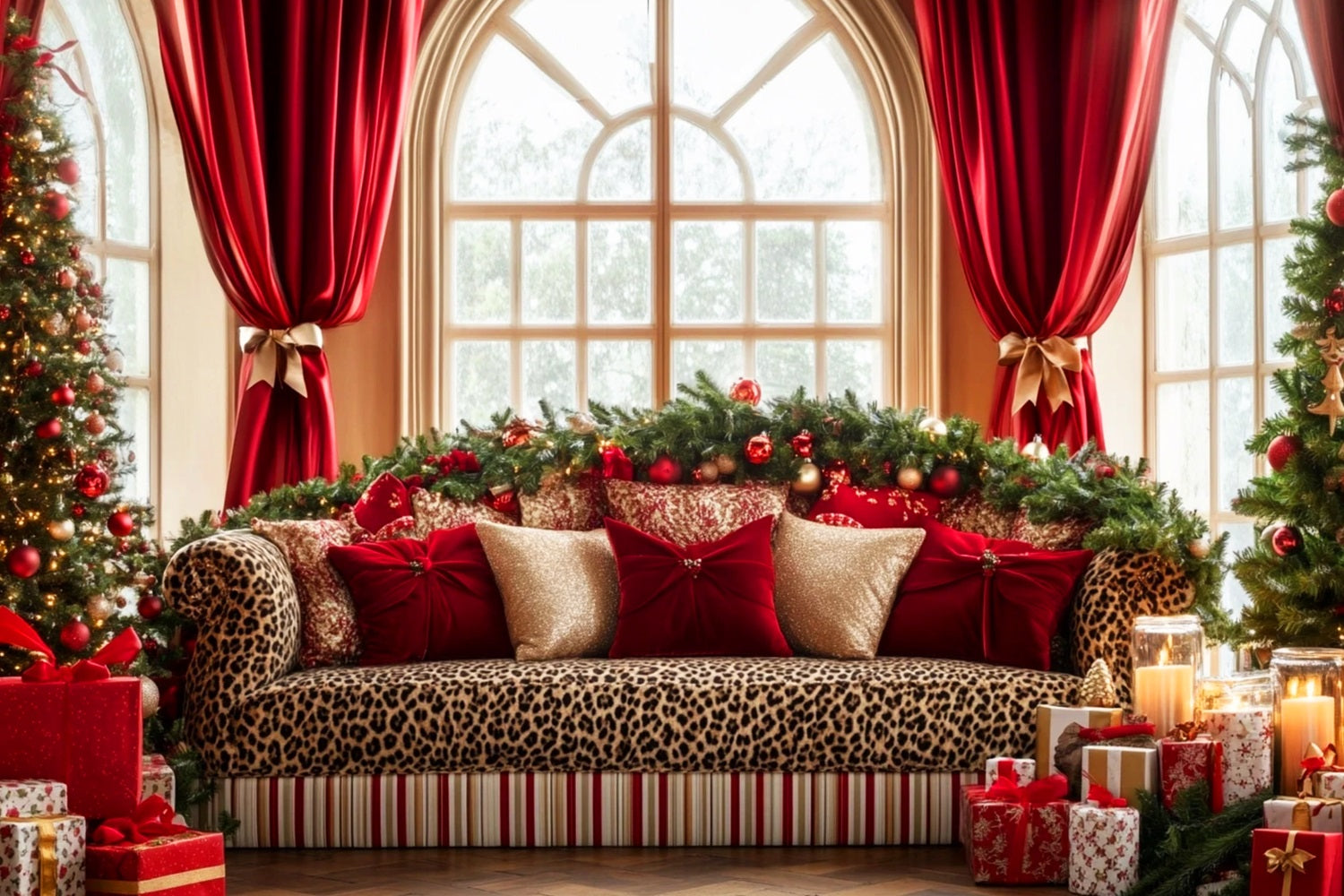 Big Bow Backdrop Leopard Sofa Holiday Elegance Christmas Backdrop UK LXX510-141