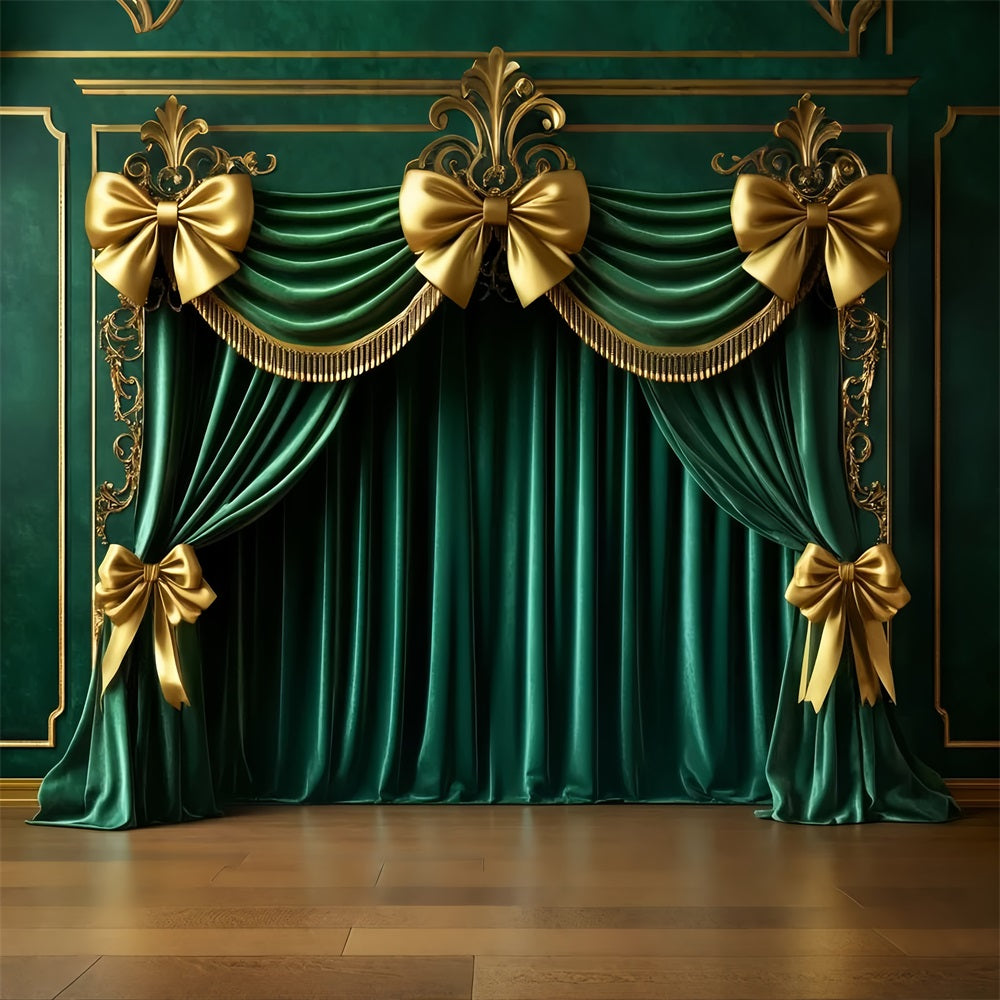 Bow Backdrop Emerald Curtain Golden Glamour Christmas Photo Backdrop UK LXX510-142