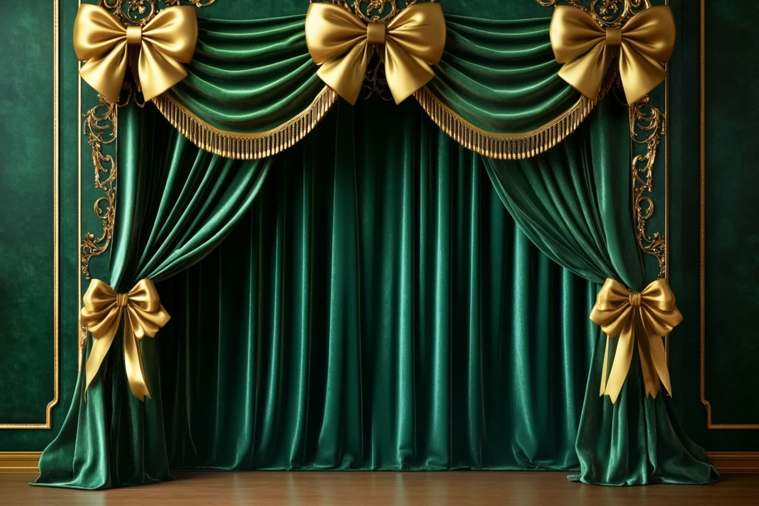 Bow Backdrop Emerald Curtain Golden Glamour Christmas Photo Backdrop UK LXX510-142