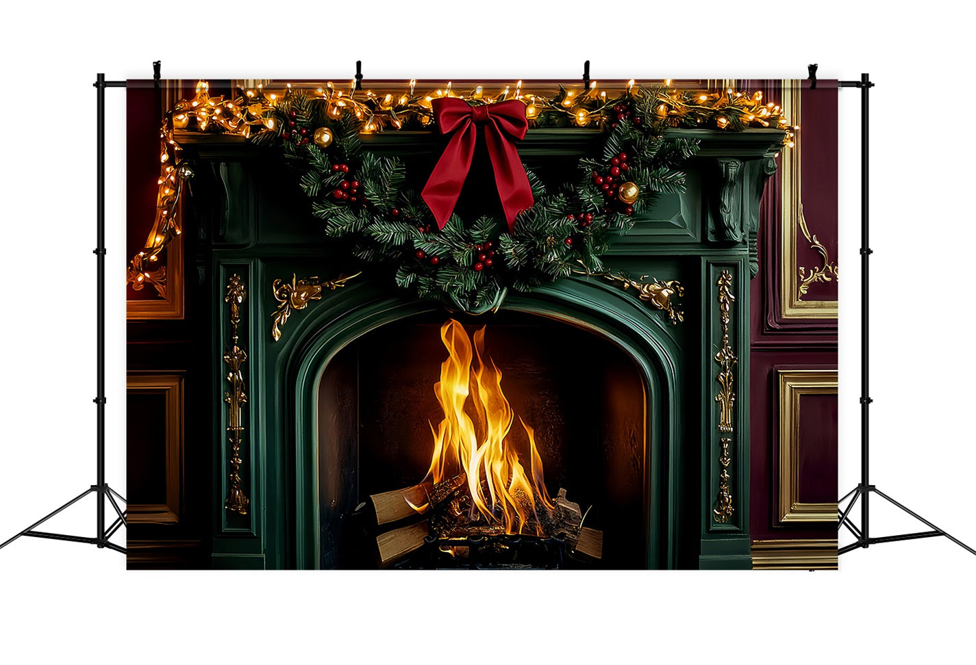 Bow Backdrop Emerald Fireplace Holiday Glow Christmas Backdrop UK LXX510-151