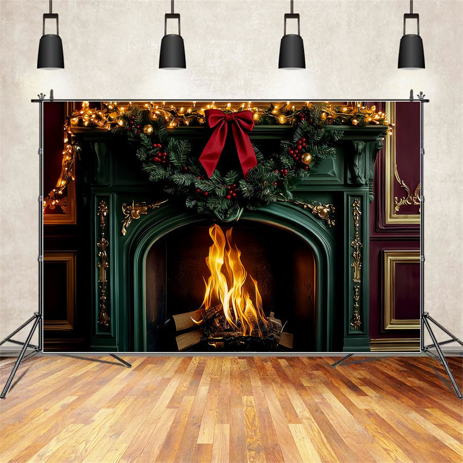 Bow Backdrop Emerald Fireplace Holiday Glow Christmas Backdrop UK LXX510-151