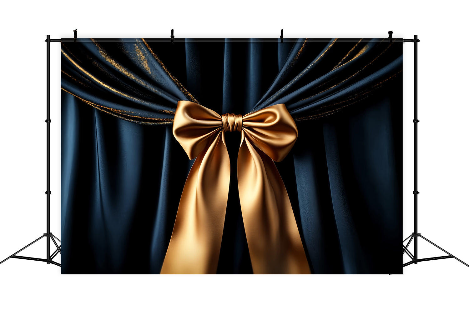 Large Bow Backdrop Navy Drapes Golden Accent Holiday Backdrop UK LXX510-158