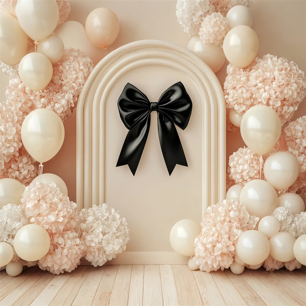 Black Bow Backdrop Cream Balloons Black Ribbon Flower Backdrop UK LXX510-165