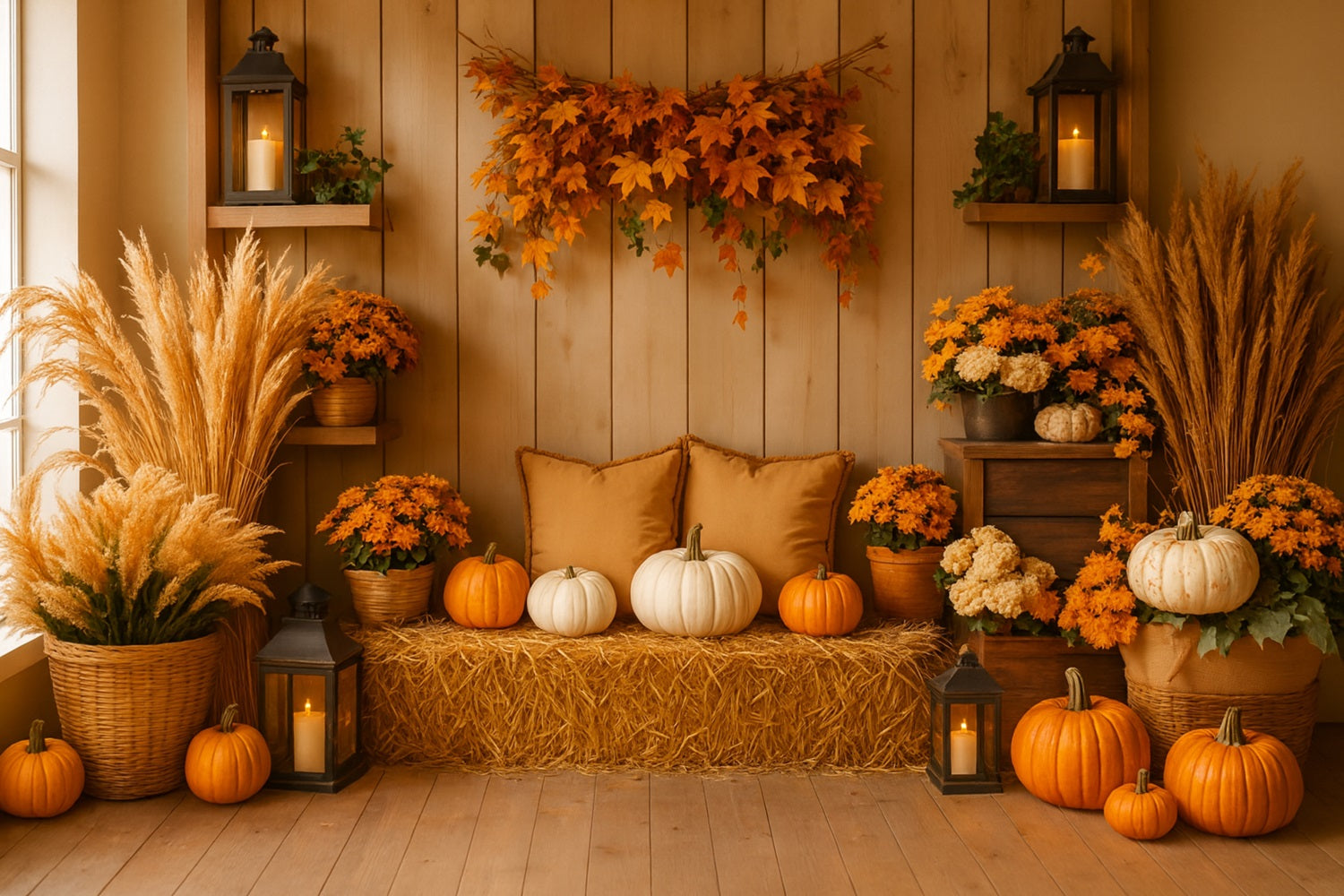 Pumpkin Photo Backdrop Cozy Autumn Pumpkin Corner Thanksgiving Photo Backdrop UK LXX510-19