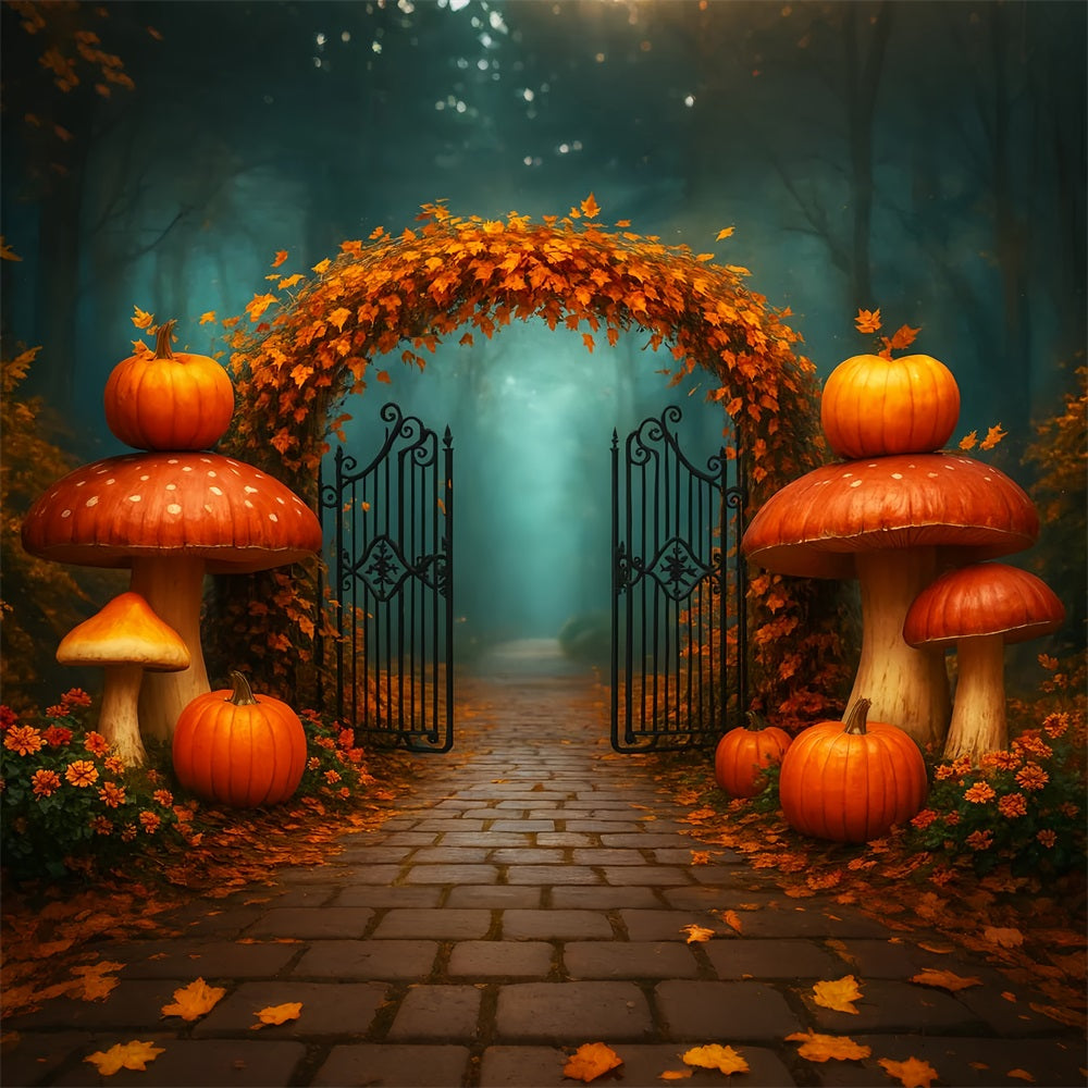 Pumpkins Gate Backdrop Maple Arch Forest Path Thanksgiving Backdrops UK LXX510-20