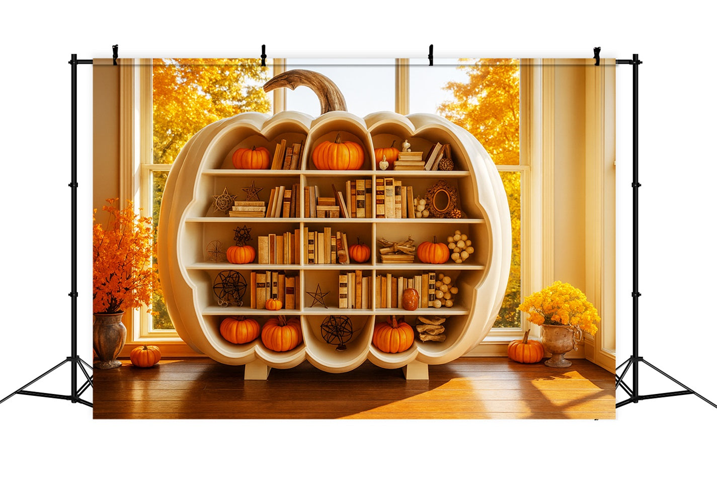 Pumpkin Photo Backdrop Bookshelf Autumn Glow Thanksgiving Photo Backdrops UK LXX510-22