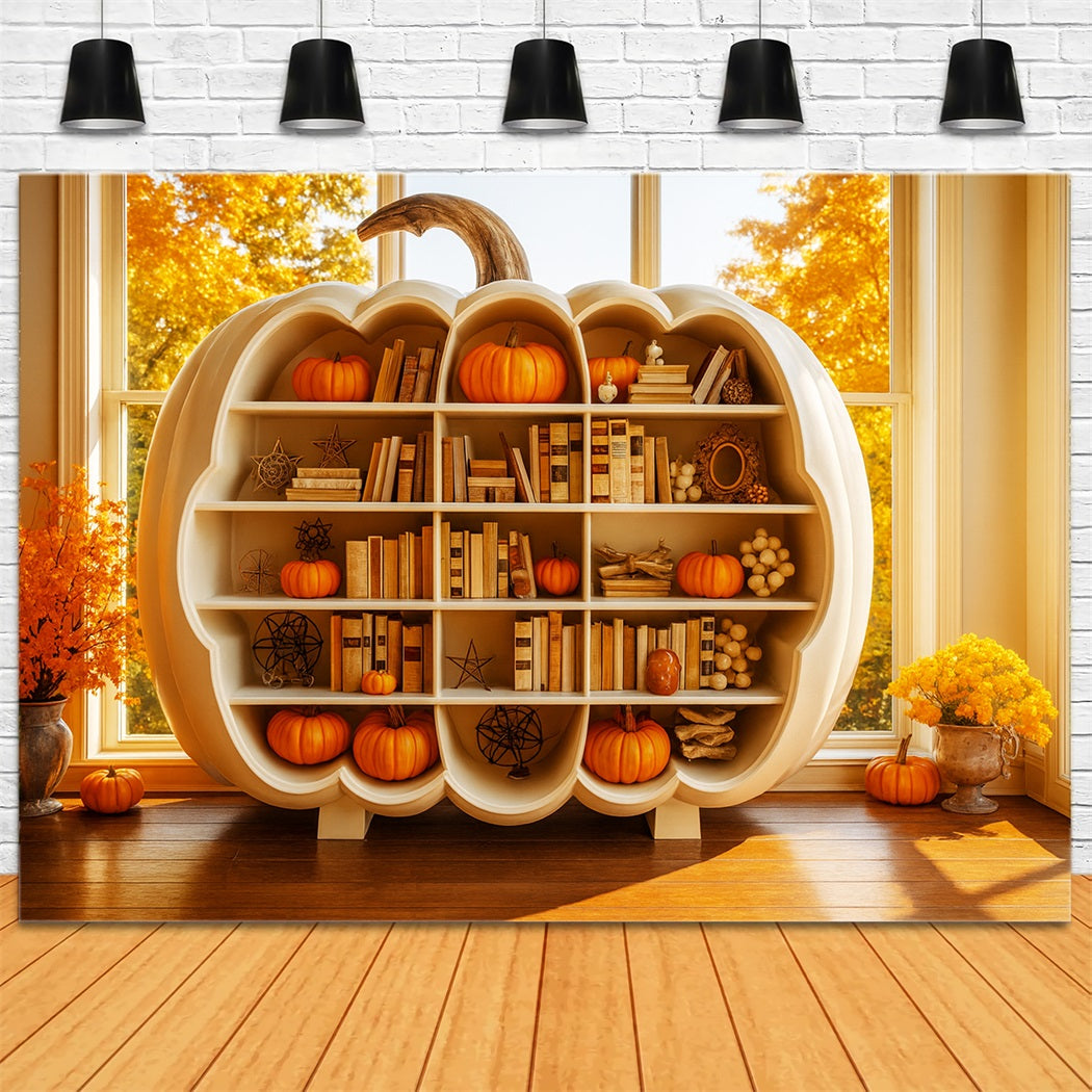 Pumpkin Photo Backdrop Bookshelf Autumn Glow Thanksgiving Photo Backdrops UK LXX510-22