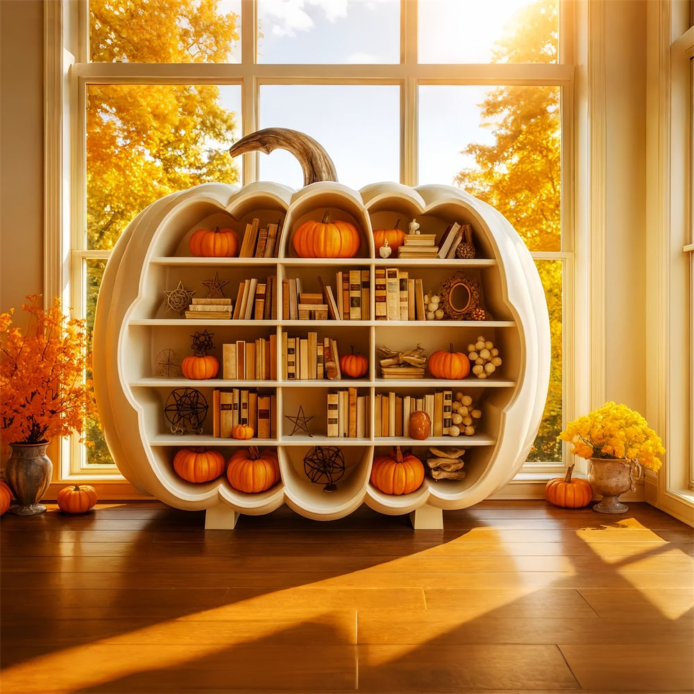 Pumpkin Photo Backdrop Bookshelf Autumn Glow Thanksgiving Photo Backdrops UK LXX510-22