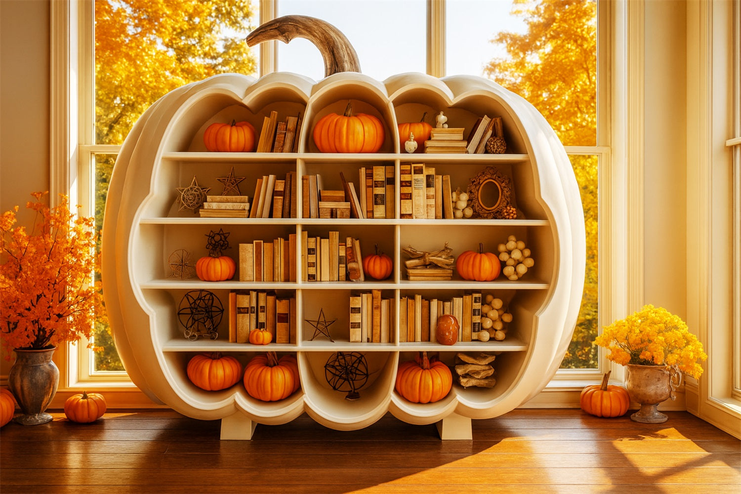 Pumpkin Photo Backdrop Bookshelf Autumn Glow Thanksgiving Photo Backdrops UK LXX510-22