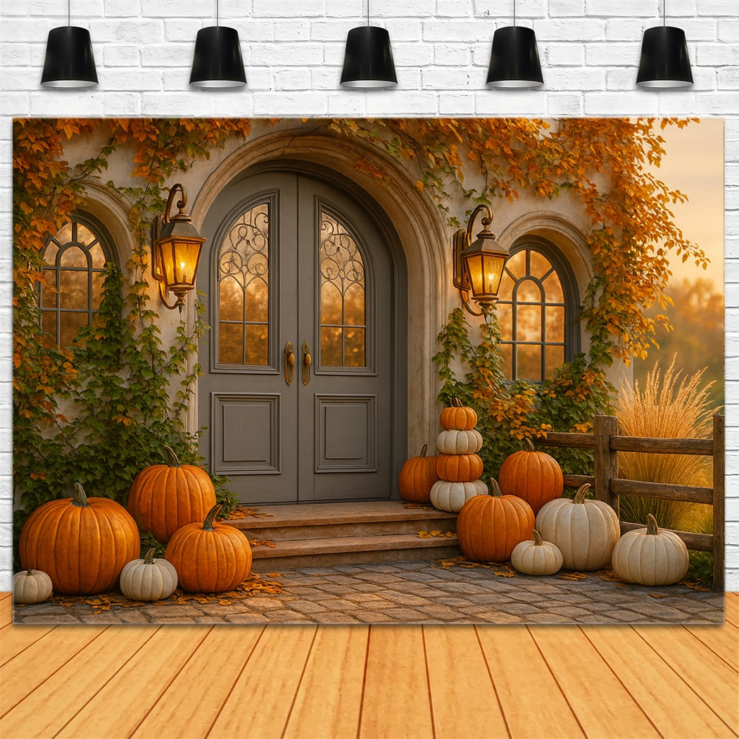 Pumpkin Backdrop Cottage Door Pumpkin Porch Happy Thanksgiving Backdrop UK LXX510-23