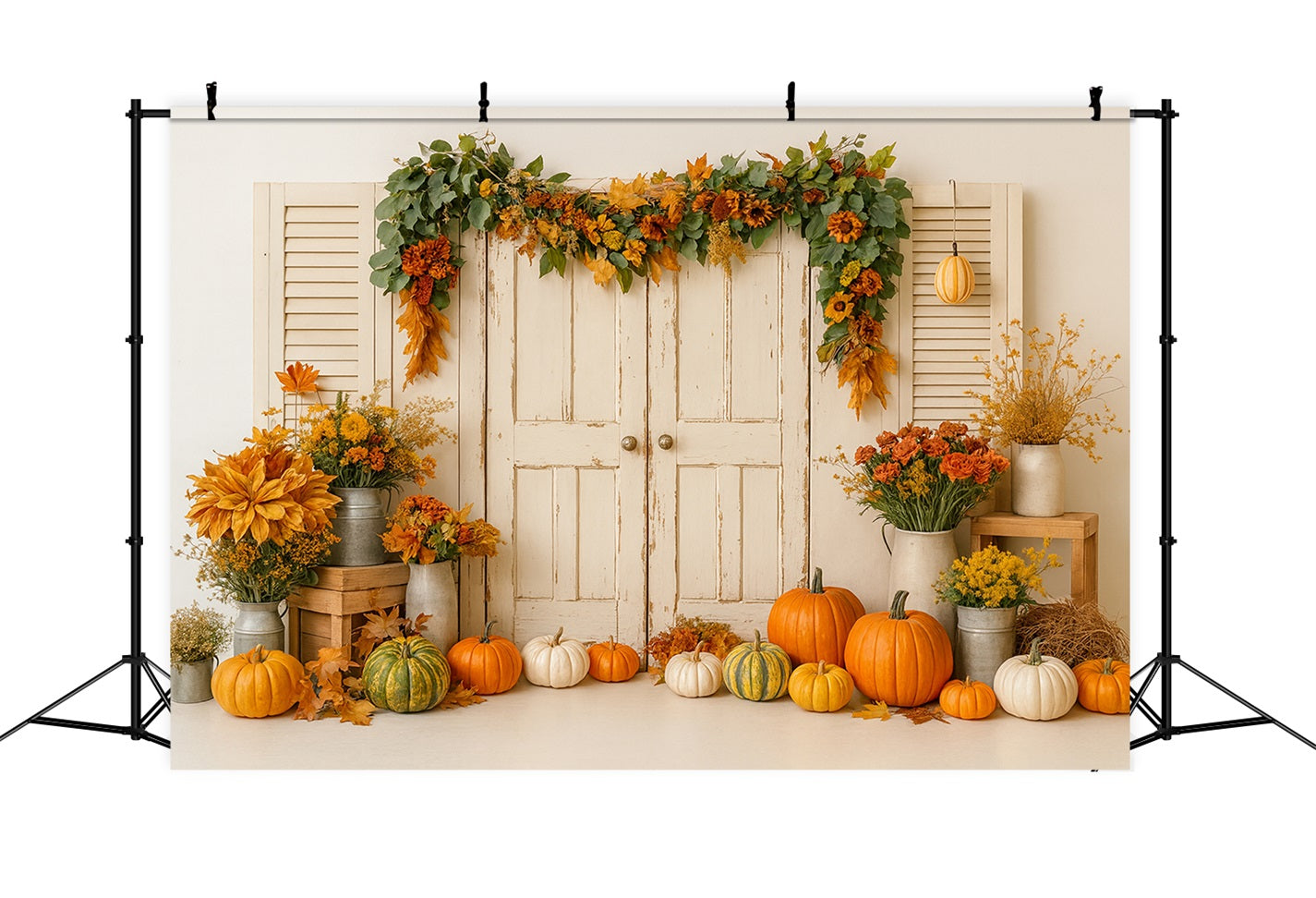 Pumpkin Backdrop Vintage Door Harvest Florals Thanksgiving Photo Backdrop UK LXX510-25