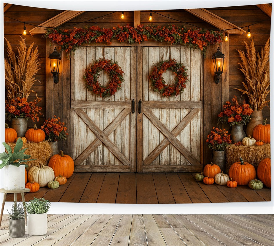 Farm Backdrop Rustic Barn Autumn Wreaths Thanksgiving Backdrop Ideas UK LXX510-27
