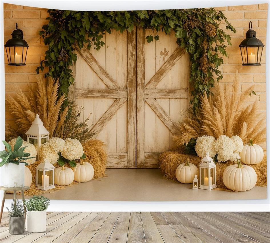 Pumpkin Backdrop Neutral Pampas Elegant Entry Thanksgiving Photo Backdrops UK LXX510-28