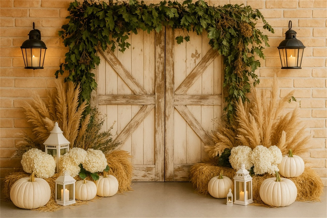 Pumpkin Backdrop Neutral Pampas Elegant Entry Thanksgiving Photo Backdrops UK LXX510-28