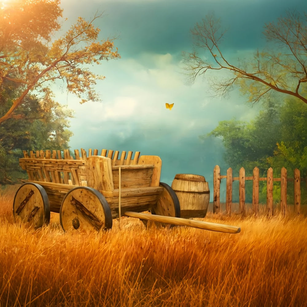 Farm Backdrop Wooden Cart Autumn Meadow Thanksgiving Photo Backdrops UK LXX510-34