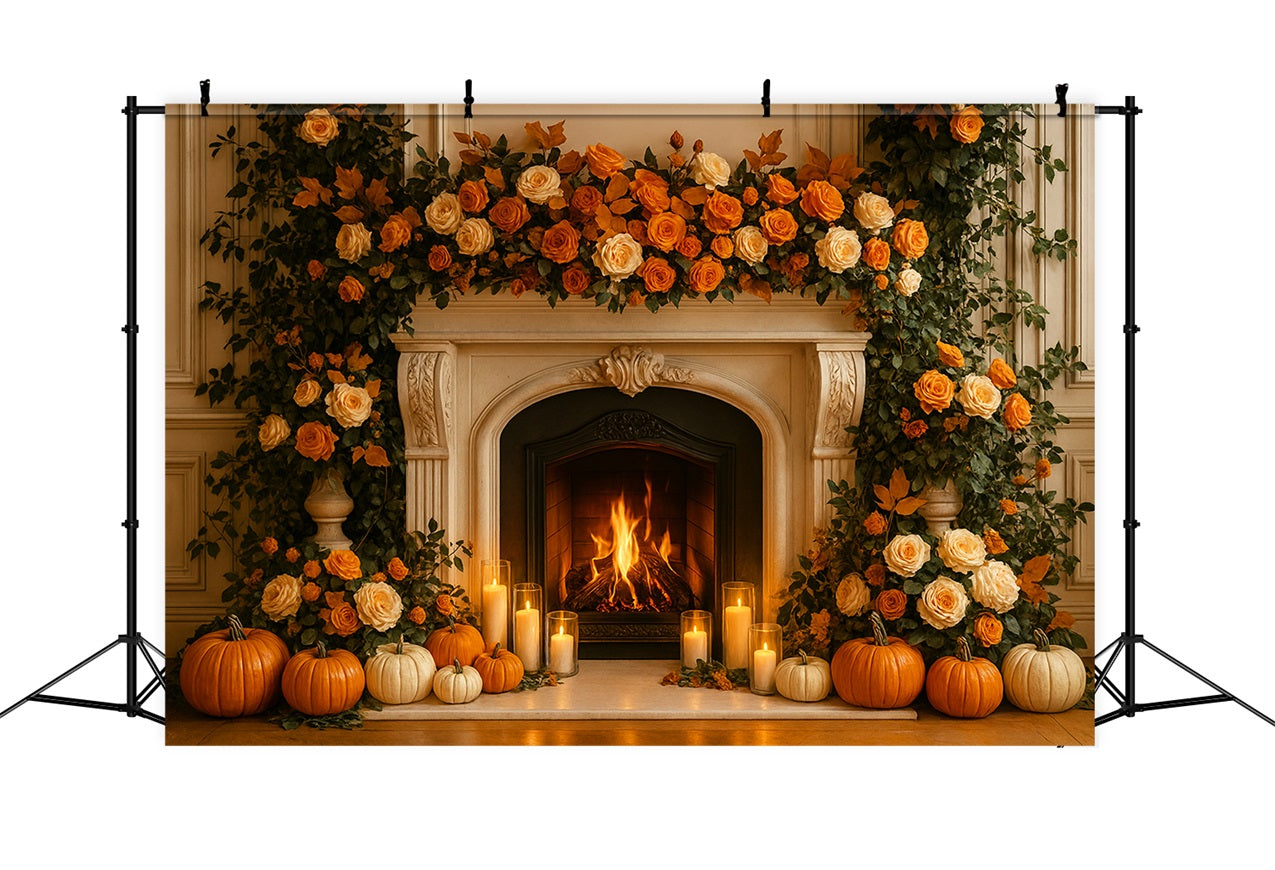 Fall Backdrop Fireplace Roses Candle Glow Thanksgiving Backdrop UK LXX510-36