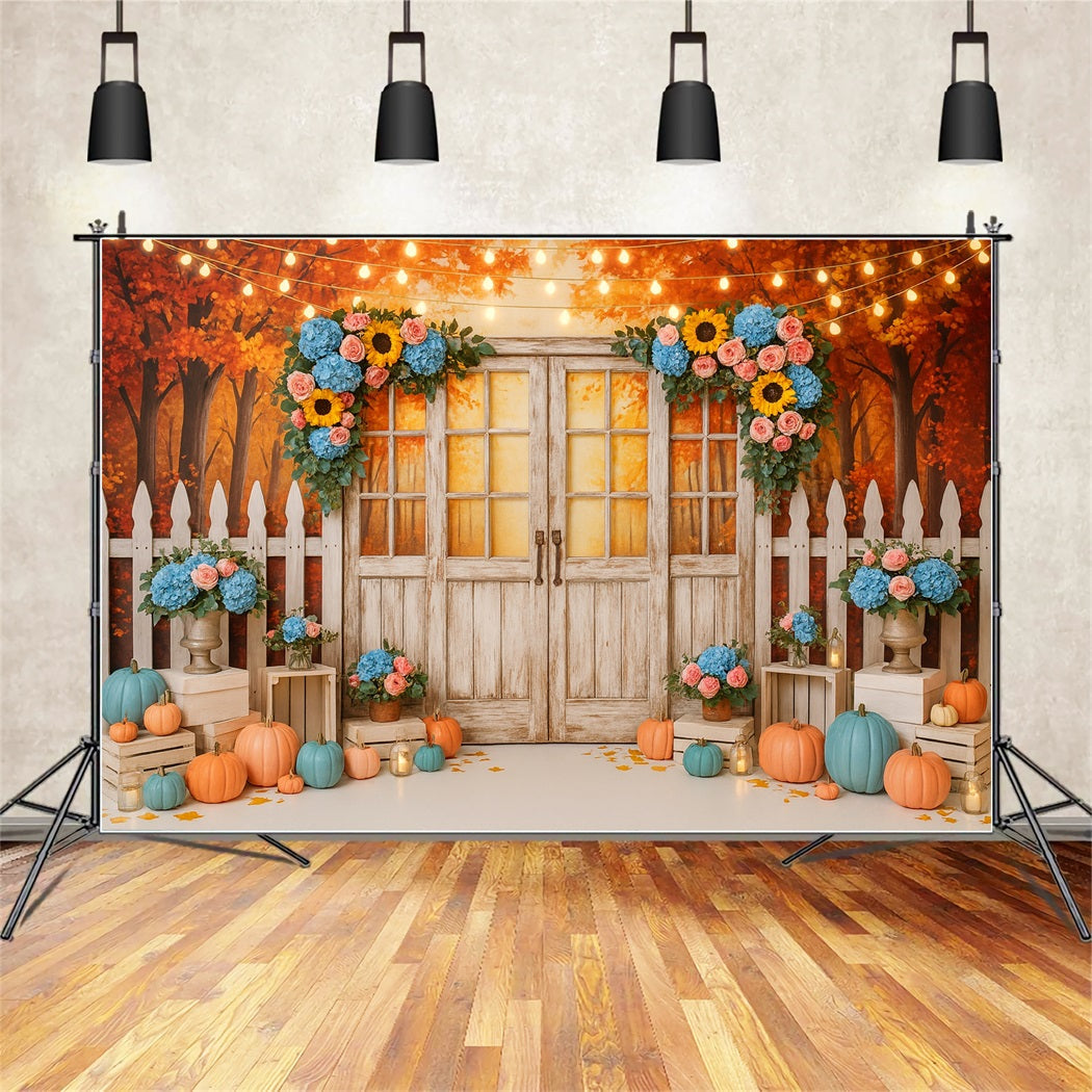 Fall Backdrop Rustic Door Floral Lights Thanksgiving Photo Backdrop UK LXX510-37