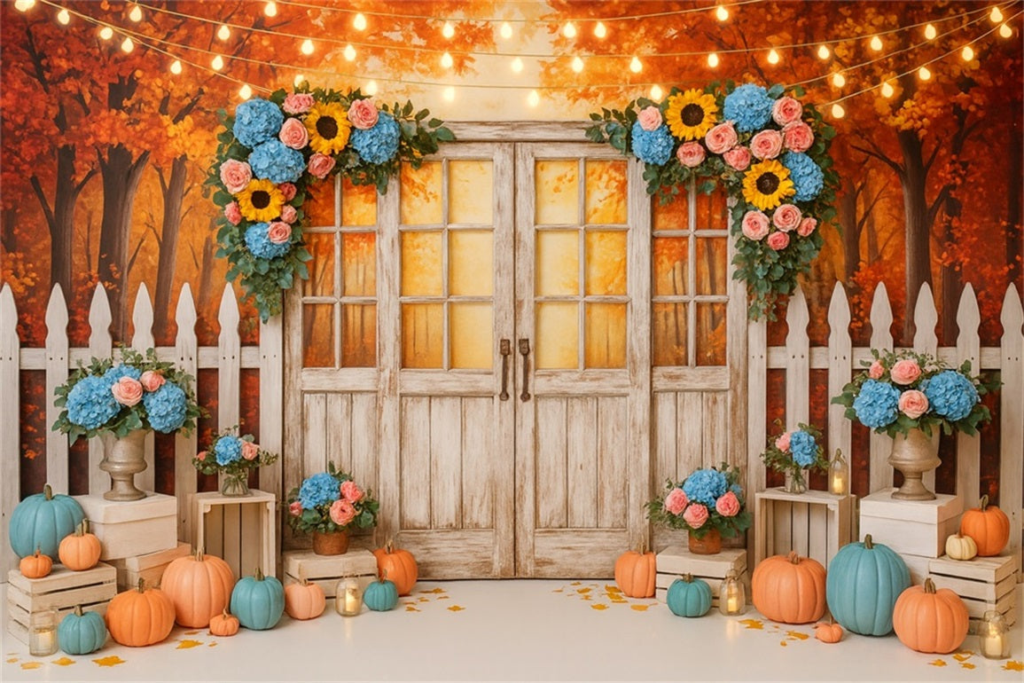 Fall Backdrop Rustic Door Floral Lights Thanksgiving Photo Backdrop UK LXX510-37